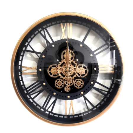 שעון קיר רומי עגול עם גלגלי שיניים בגוון זהב-שחור