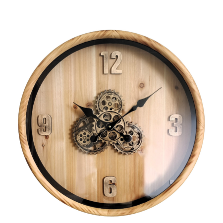 שעון קיר עץ טבעי עם גלגלי שיניים ענק