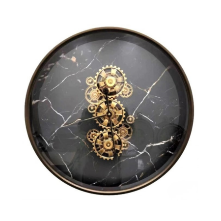 שעון קיר שיש שחור עם גלגלי שיניים מוזהבים